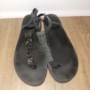 Rainbow Sandals T Strap Black Leather Sandals